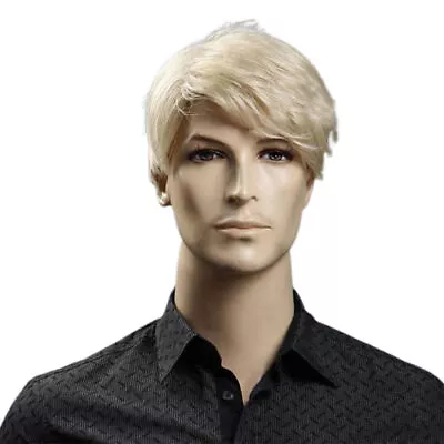 Mens Short Straight Blonde Hair Wig Male Oblique Bangs Wig Natural Wig Stylish • £17.85