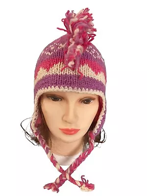 100% Wool Mohawk Hand Knitted Hat Fleece Lined Earflaps 1 Sz Fits Most Nepal New • $12.79