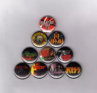 HAIR / GLAM METAL 1  PINS BUTTONS W/ VAN HALEN KISS POISON CRUE GnR RATT 1980s • $6.99