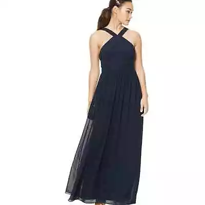 Levkoff Womens Maxi Dress Navy Halter Elastic Waist Zip Chiffon Formal 12 New • $49.99