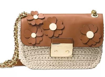 New MICHAE Kors Flora Appliqué Sloan Large Chain Bag Flower Straw Leather Trim • $180.49