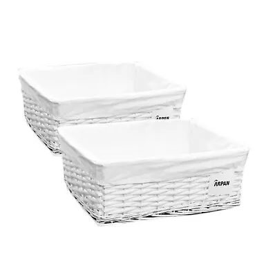 Arpan White Wicker Storage Basket With Cloth Lining Set Of 2 100% Eco-Friendly • £20.49