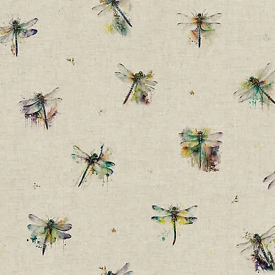Upholstery Fabric - Dragonflies On Natural Linen Look Craft Fabric Material • £2.99