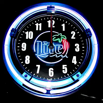 MILLER LITE NEON PALM LOGO - 11  Blue Neon Wall Clock  • $84.99