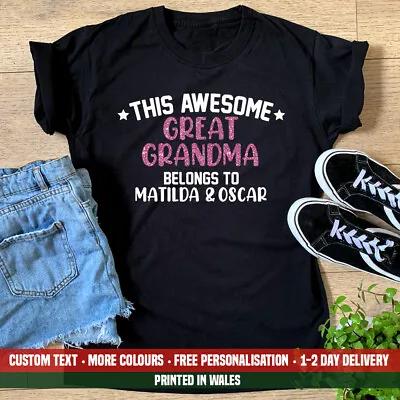 Ladies This Awesome Great Grandma Belongs To Names T Shirt Mum Birthday Gift Top • £13.99