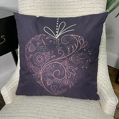 Dark Purple Pink Cushion Cover Contemporary Heart Design Linen Cotton Valentines • £2.99
