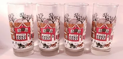 Vintage Clear 14 Oz. Beverage Glasses W/ Screen-printed Winter Scene. 6.25  HTF • $19.99