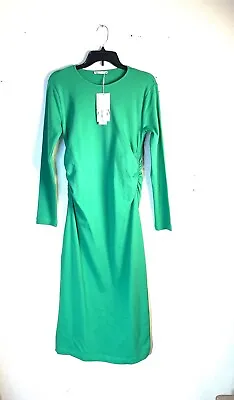 Zara Dress Womens Size XL Midi Ruched Sides Long Sleeve Cotton Stretch Kelly NEW • $16.18
