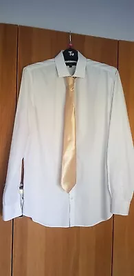 Mens George White Slim Fit Tailored Shirt Free Gold Satin Tie 15 1/2 Inch Neck • £3.99