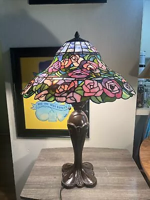 VINTAGE Tiffany Lamp Victorian Style Table Stained Glass Shade Light Desk Pink • $474.95