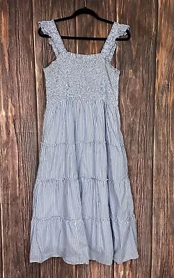 New J Crew Factory Women’s Smocked Tiered Dress White Blue Stripe Size L • $34.99