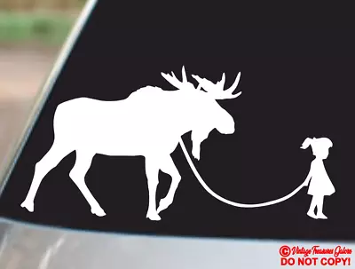 GIRL WALKING A MOOSE Vinyl Decal Sticker Car Truck Rear Window Bumper ELK FUNNY • $2.99