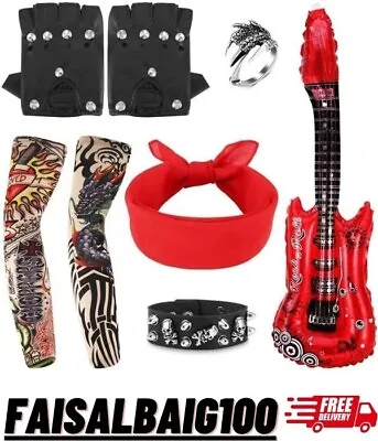 8 Pcs Punk Gothic Rocker Costume Set Disco Rock Star Fancy Dress Kids • £10.20