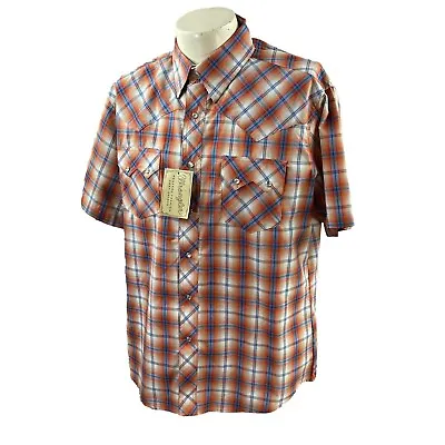 NWT Wrangler Men's Pearl Snap Short Sleeve Orange Plaid Western Shirt Large • $21
