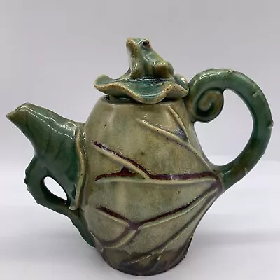 Majolica Teapot Frog On Lid Lily Pad Bamboo Leaf 6  • $24.99