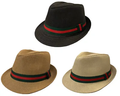 FEDORA TRILBY GANGSTER FEDORA BUCKET PAPER STRAW  HAT CAP With Red Green Band  • $16.99