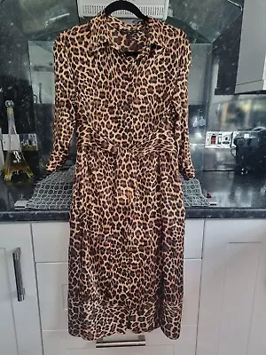 Zara Leopard Animal Print  Midi Shirt Dress Belted 3/4 Sleeve Size M Approx UK10 • £22