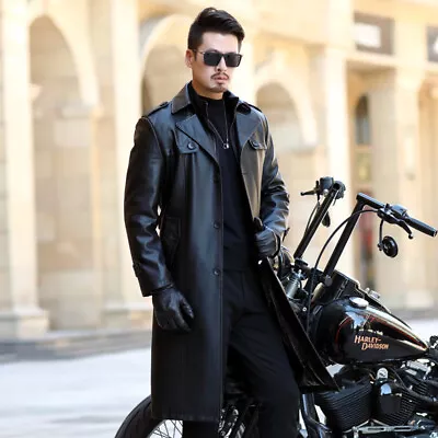 Men Long PU Leather Windbreaker Velvet Thicken Light Luxury Hunting Leather Coat • $115.49