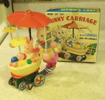 Vintage Celluloid Bunny Rabbit Carriage Carousel Cart Easter Wind Up Toy Japan • $80