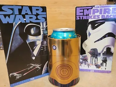 STAR WARS LOT! C-3PO Metal Can Koozie ThinkGeek With 2 VHS New Hope & Empire! • $3.99