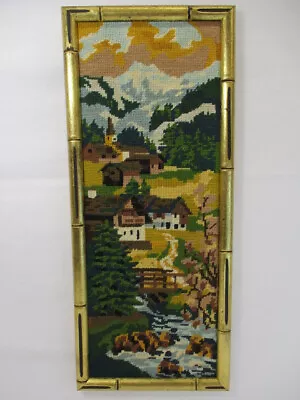 Vtg NEEDLEPOINT Embroidery Village Stream Mountains Framed 20  X 8.5  Completed • $44.99