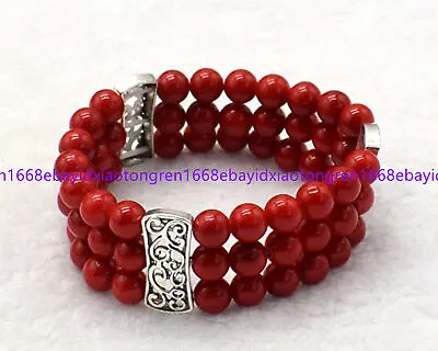 3 Rows 8mm Natural Red Coral Round Gemstone Beads Stretch Bracelets 7.5 Inch • $6.99