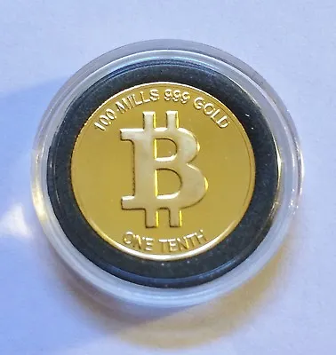 $10 • Buy One Tenth Bitcoin Finished In 999 Fine 24 Karat Gold  In Capsule, Gift, Crypto