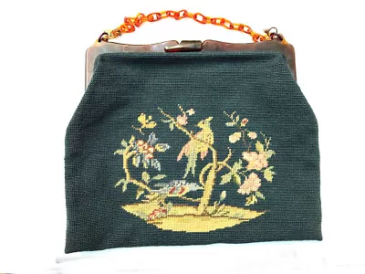 Vintage Large Dark Green Birds + Flowers Needlepoint Lined Bag / Tote Charming • $100