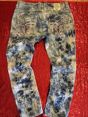 Rock Revival ISSAC Alt Straight Jeans Acid Wash Embellished 36x32 EUC • $95