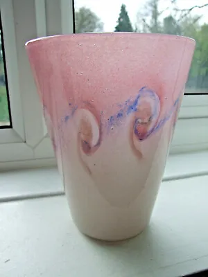 Vasart Scottish Glass Vase Pink With Blue Swirls Signed 20cm (8 Inch) Tall • £59.99