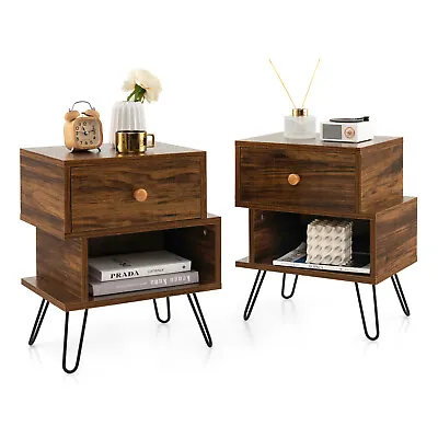 Nightstands Set Of 2 W/Storage Drawer Open Shelf Mid Century End Tables Walnut • $79.99