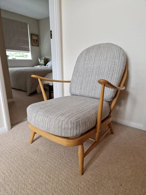 £395 • Buy Vintage Ercol Windsor Blonde 203 Armchair With Light Grey Tweed Cushion Covers