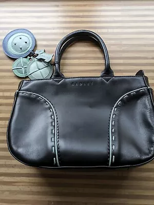 Radley Small Black Leather Hand Bag With Blue Dog Tag & Circle Tags • £25