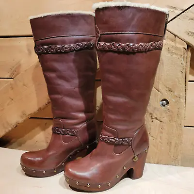 UGG Australia Knee High Clog Boots Savanna Sz 7 Sheepskin Wood Heel- Swanky Barn • $115.95