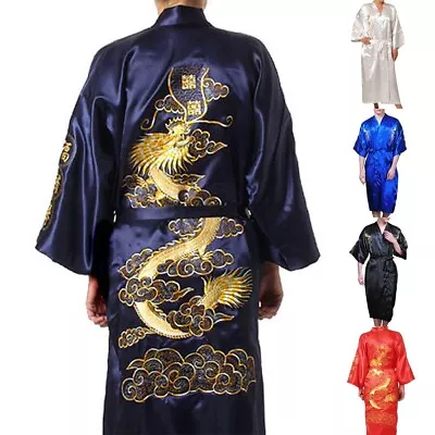 Men Bathrobe Sleepwear Dragon Embroidery Gown Kimono Mens Size M-2XL Blue • $29.12