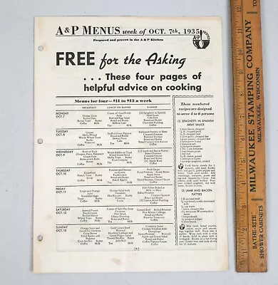 Vintage A&P Grocery Store Kitchen Depression Era Weekly Menu 1935 • $9.99