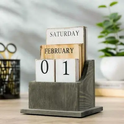 Decorative Home Office Tabletop Vintage Style Solid Gray Wood Perpetual Calendar • $29.99