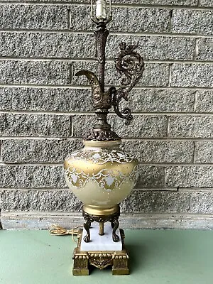 Mid Century Hollywood Regency Large Brass Marble & Glass Table Lamp Gold Accents • $146.21