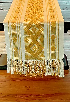 Table Runner- Hand Loomed In Oaxaca-White With Yellow Patterned Stripe-13  X 84  • $40