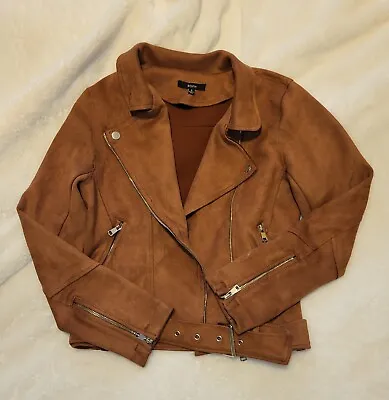 Cognac Microfiber/Vegan Suede Zippered Belted Crop Motorcycle Jacket • $24.97