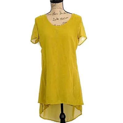 Monoreno Womens Sz S Tunic Solid Yellow Sheer Floral Lining Short Slv Hi Low Hem • $12