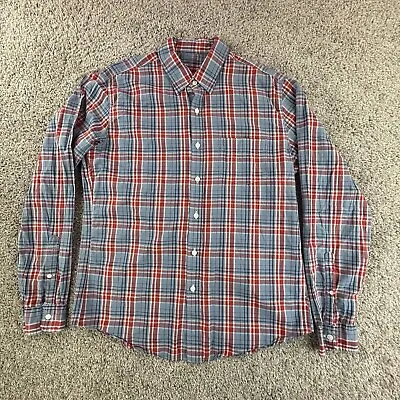 J Crew Shirt Mens Large Lightweight Chambray Slim Madras Plaid Buttons Blue Red • $12.32