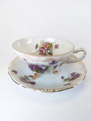 Yada China Footed Two Piece Demitasse Teacup & Saucer Set Violet Flowers VTG • $20