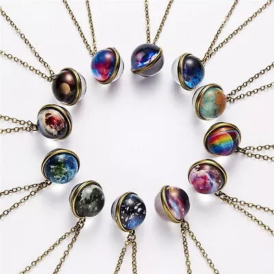 Glow In The Dark Galaxy System Double Sided Glass Dome Planet Necklace Pendant • £1.19