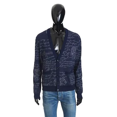 BERLUTI 1240$ Cardigan In Winter Night Blue Scritto Wool Jacquard • $671.50