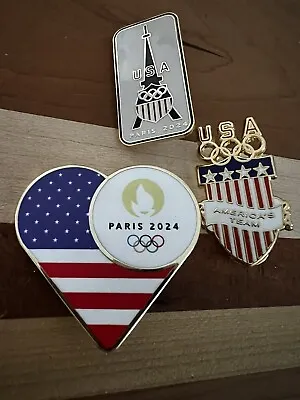 2024 Paris Olympics Badge Set Of 3 Pins- Flag Heart With Logo Eiffel & Team USA • $37.95