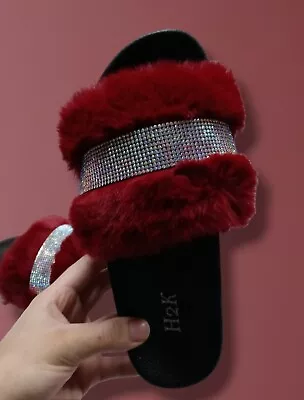 H2K Women's Fluffy Fur Berry Red With Rhinestones Monica Sandals Size (6) • $19.99
