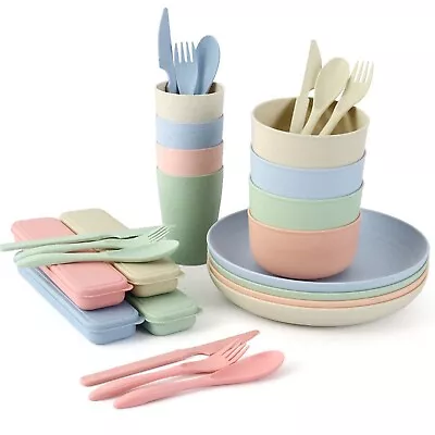 28Pcs Camping Tableware Set With Cups Bowls Plates Cutlery - Eco Wheat Straw • £19.49