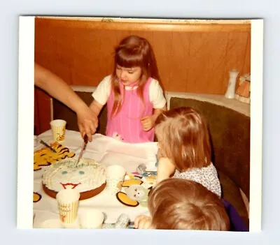 Vintage Photo Birthday Girl Cutting Birthday  Cake 1970's Party Found Art R18 • $5