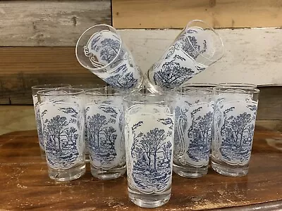 Vintage Currier And Ives Royal Blue & White Glass 11 Oz Tumblers Set Of 14 (2F) • $130